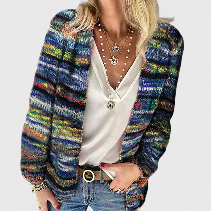 Cardigan Femme Tricoté Multicolore Rayures Ouvert Décontracté Casual Hiver - Hiverline