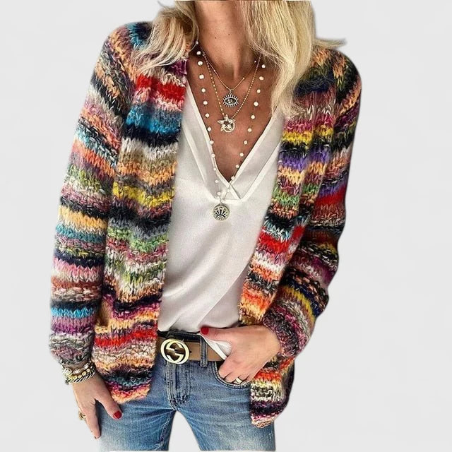 Cardigan Femme Tricoté Multicolore Rayures Ouvert Décontracté Casual Hiver - Hiverline