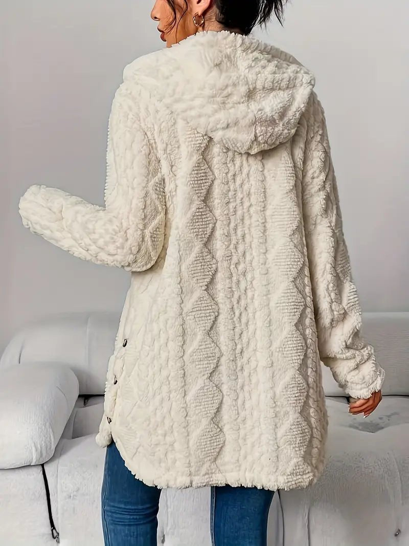 Cardigan Long à Capuche Femme Boutons Polaire Sherpa Oversize Cocooning Hiver - Hiverline