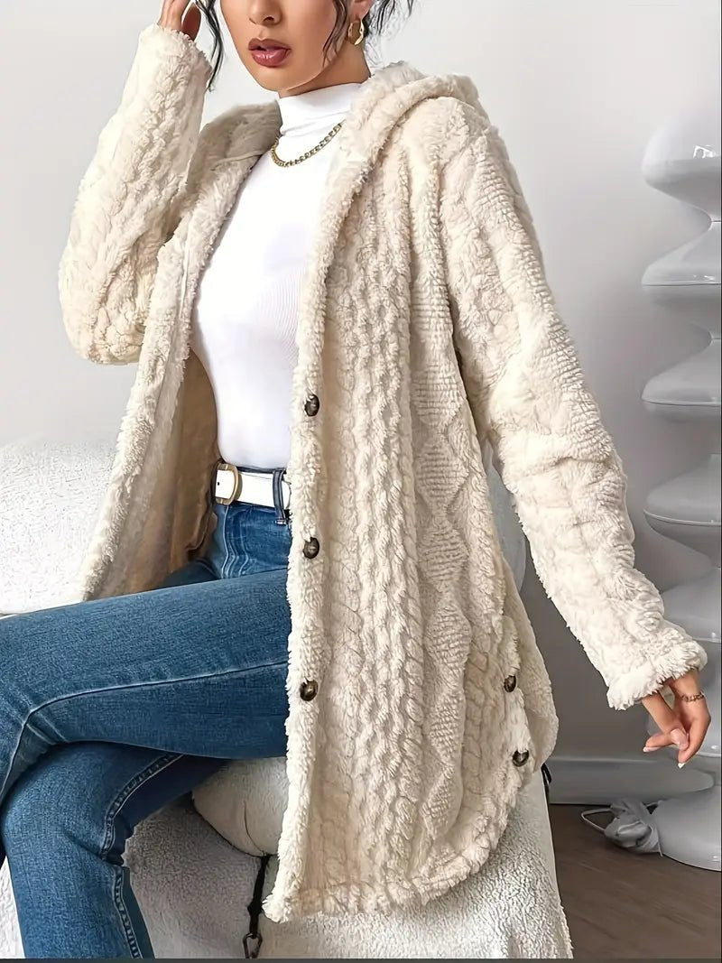 Cardigan Long à Capuche Femme Boutons Polaire Sherpa Oversize Cocooning Hiver - Hiverline