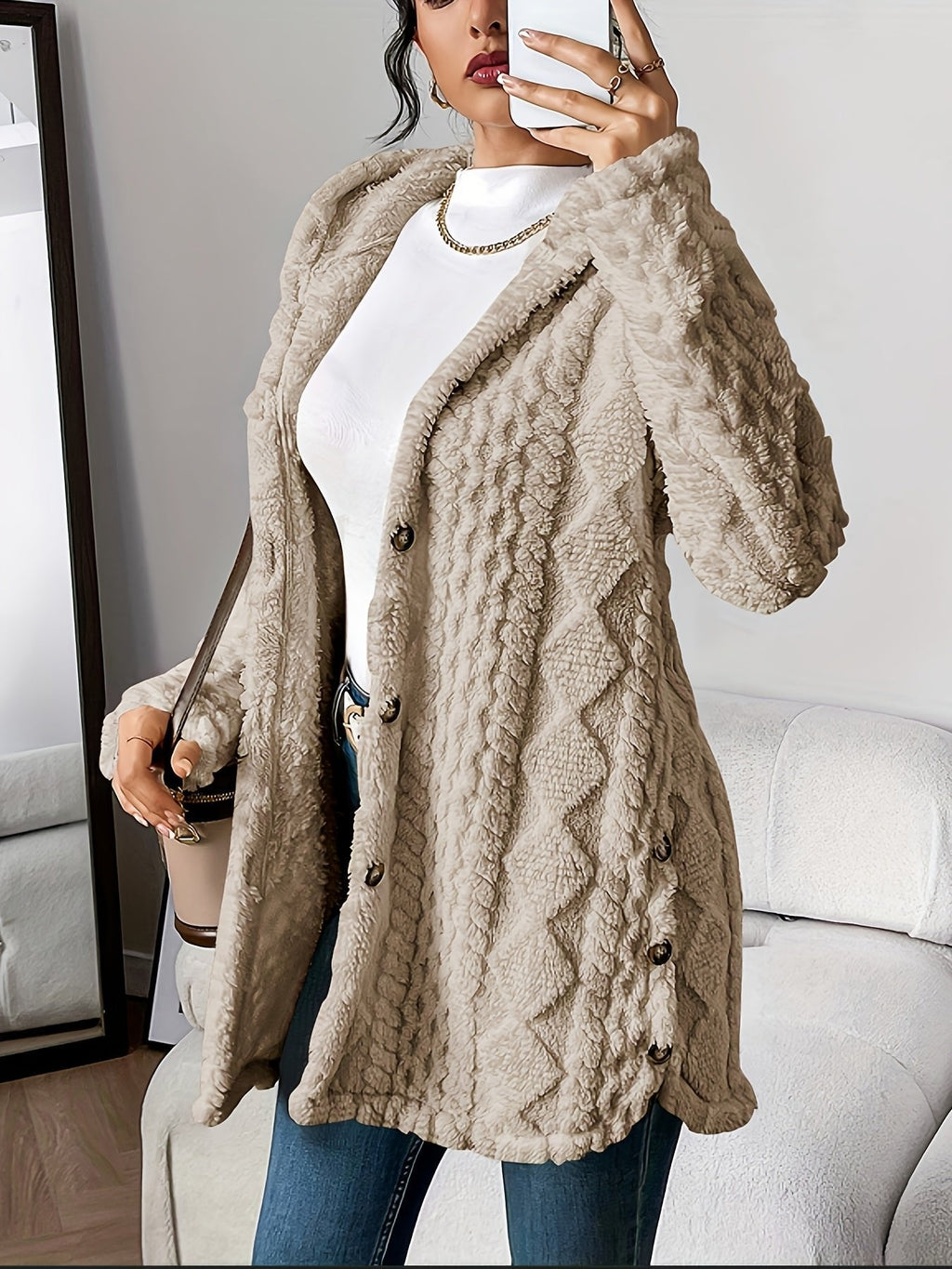 Cardigan Long à Capuche Femme Boutons Polaire Sherpa Oversize Cocooning Hiver - Hiverline