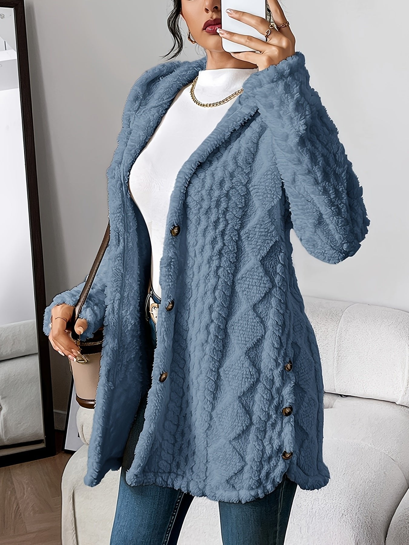 Cardigan Long à Capuche Femme Boutons Polaire Sherpa Oversize Cocooning Hiver - Hiverline