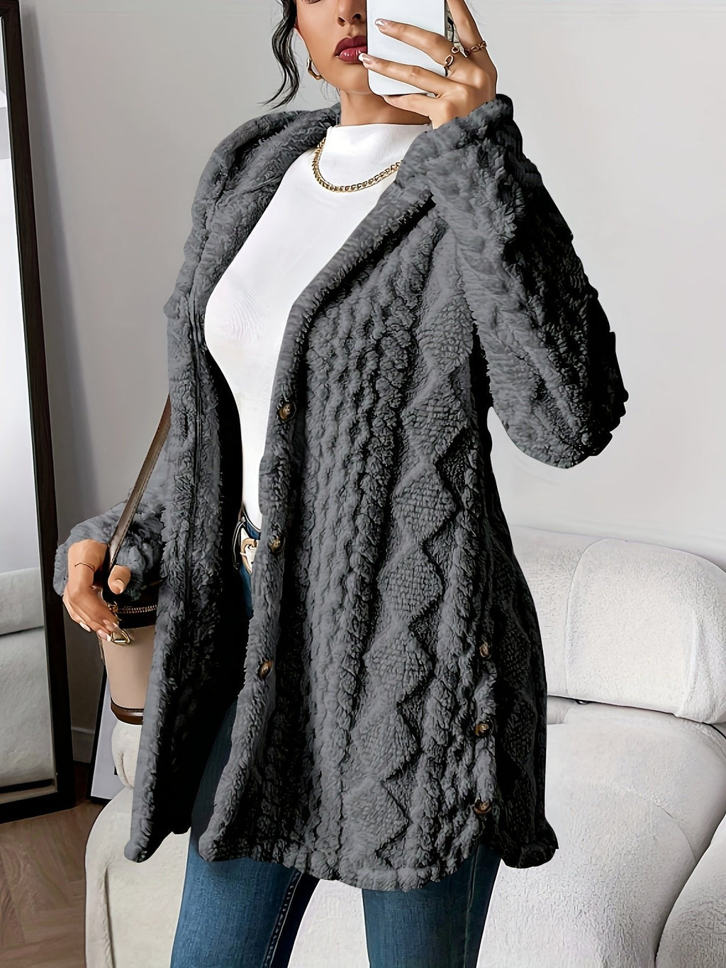 Cardigan Long à Capuche Femme Boutons Polaire Sherpa Oversize Cocooning Hiver - Hiverline