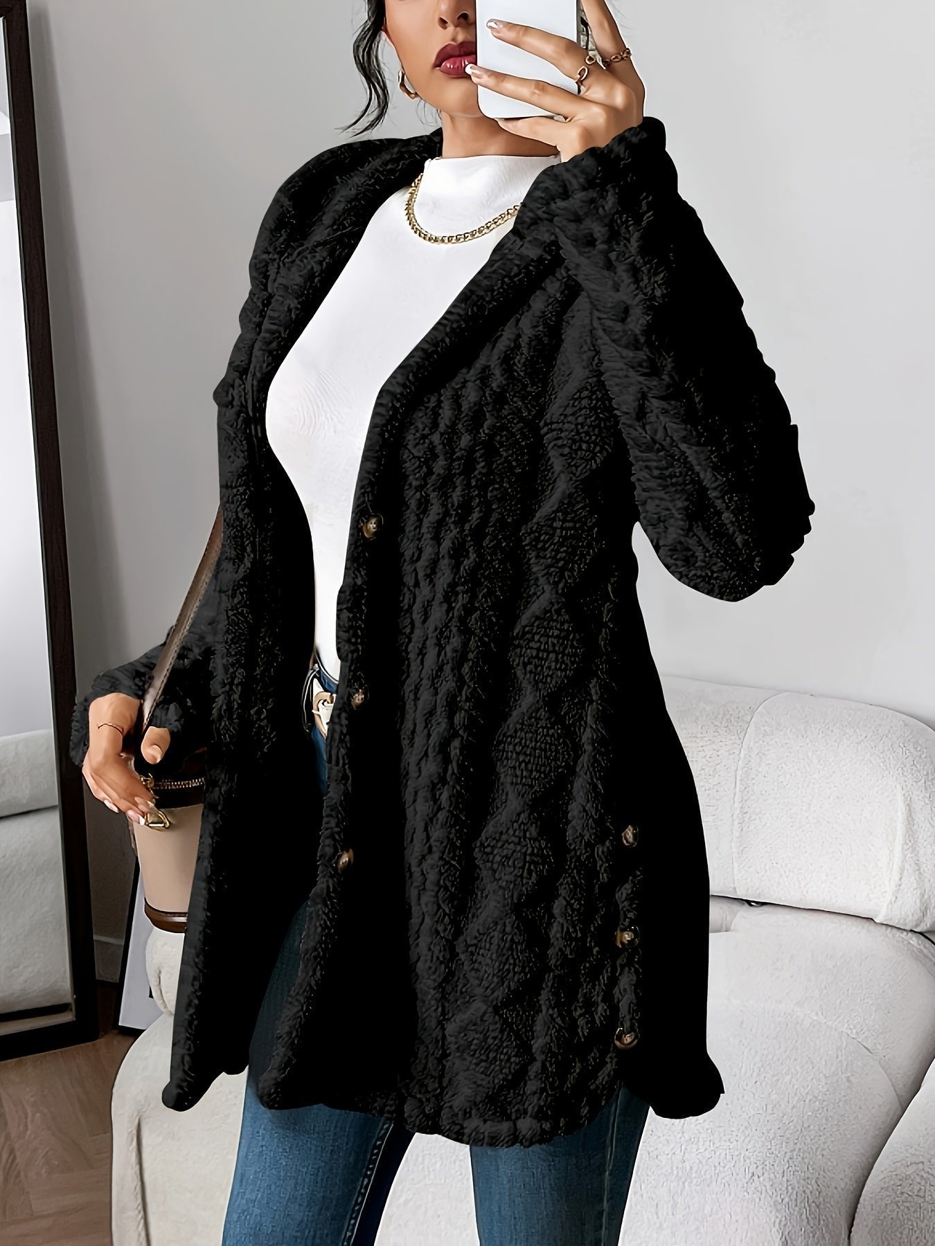 Cardigan Long à Capuche Femme Boutons Polaire Sherpa Oversize Cocooning Hiver - Hiverline