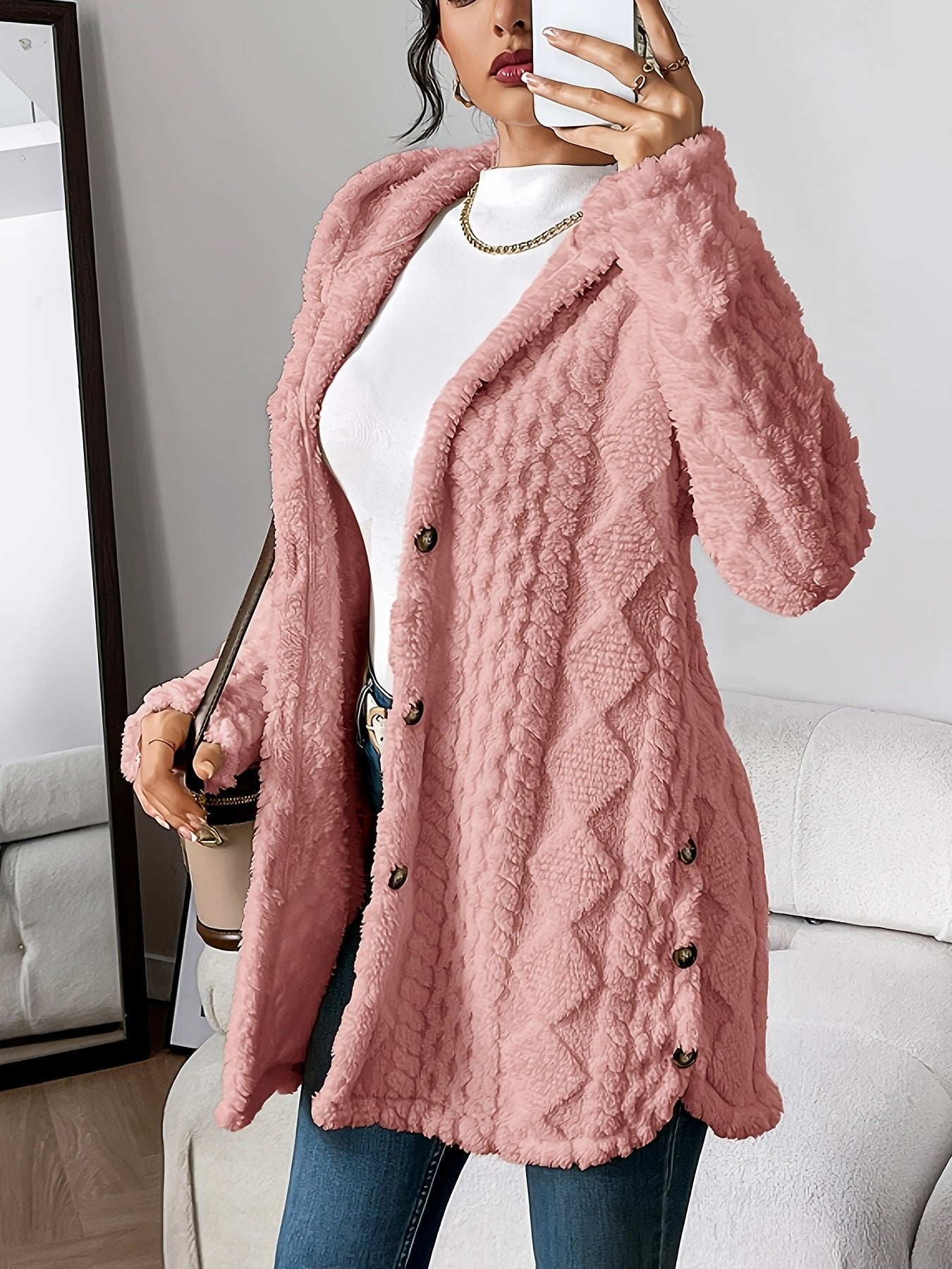 Cardigan Long à Capuche Femme Boutons Polaire Sherpa Oversize Cocooning Hiver - Hiverline
