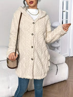 Cardigan Long à Capuche Femme Boutons Polaire Sherpa Oversize Cocooning Hiver - Hiverline