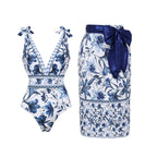 Ensemble Maillot de Bain Une Pièce Col V Lacets Jupe Longue Florale Imprimée Plage Resort Vacances Été – Botanique