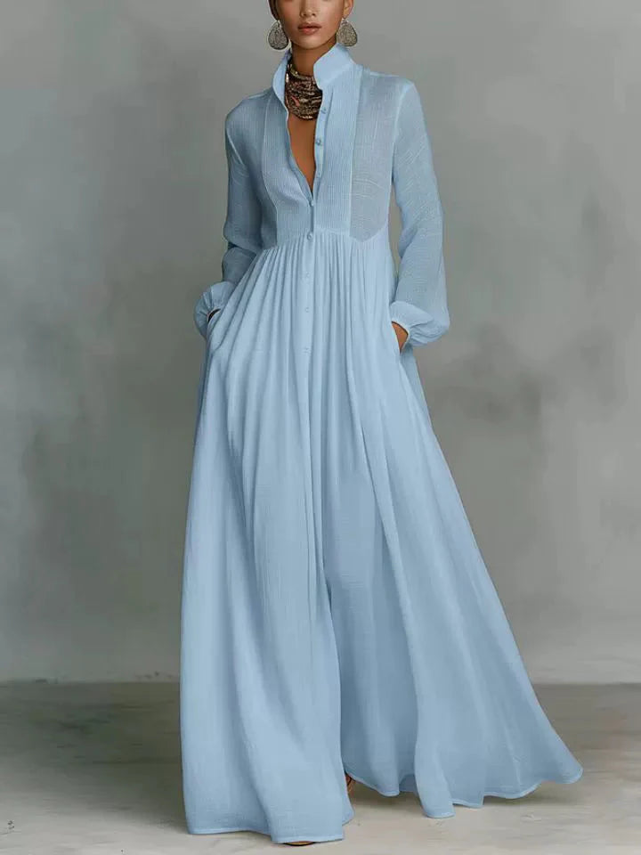 Robe Longue Formelle Décontractée En Coton Et lin Minimaliste Pour Femmes à Col Montant et Boutonnage Simple – Blanc