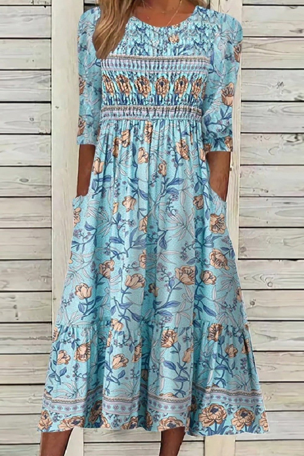 Robe Midi Florale Bretelles Fines Smockée Femme Légère Bohème Casual Jardin Été – Aphra