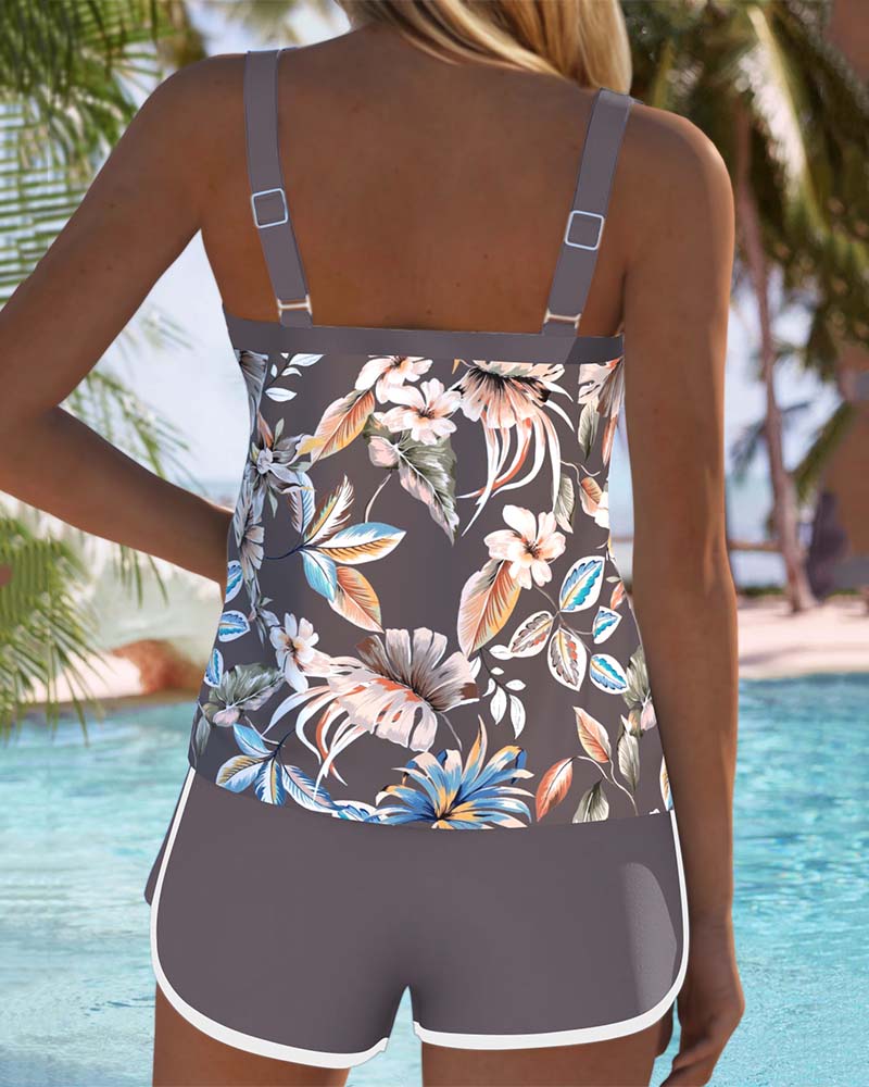 Ensemble de Tankini Imprimé à Encolure U Sans Manches pour Femmes - Haut Botanique Tropical avec Short de Bain pour Plage, Piscine, Vacances, Resort, Été – Botanica