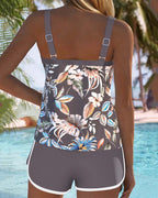 Ensemble de Tankini Imprimé à Encolure U Sans Manches pour Femmes - Haut Botanique Tropical avec Short de Bain pour Plage, Piscine, Vacances, Resort, Été – Botanica