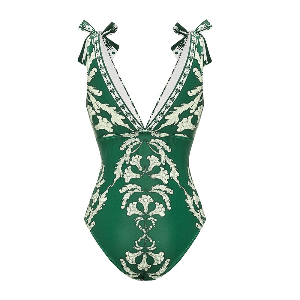 Ensemble Maillot de Bain Une Pièce Col V Lacets Imprimé Floral Vert Jupe Longue Resort Plage Soirée Lune de Miel Vacances – Émeraude