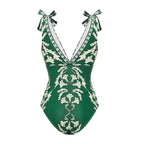 Ensemble Maillot de Bain Une Pièce Col V Lacets Imprimé Floral Vert Jupe Longue Resort Plage Soirée Lune de Miel Vacances – Émeraude