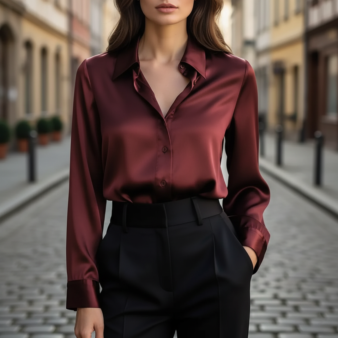Chemisier Satiné Femme à Manches Longues Boutonné Col Classique Bureau Travail - Hiverline