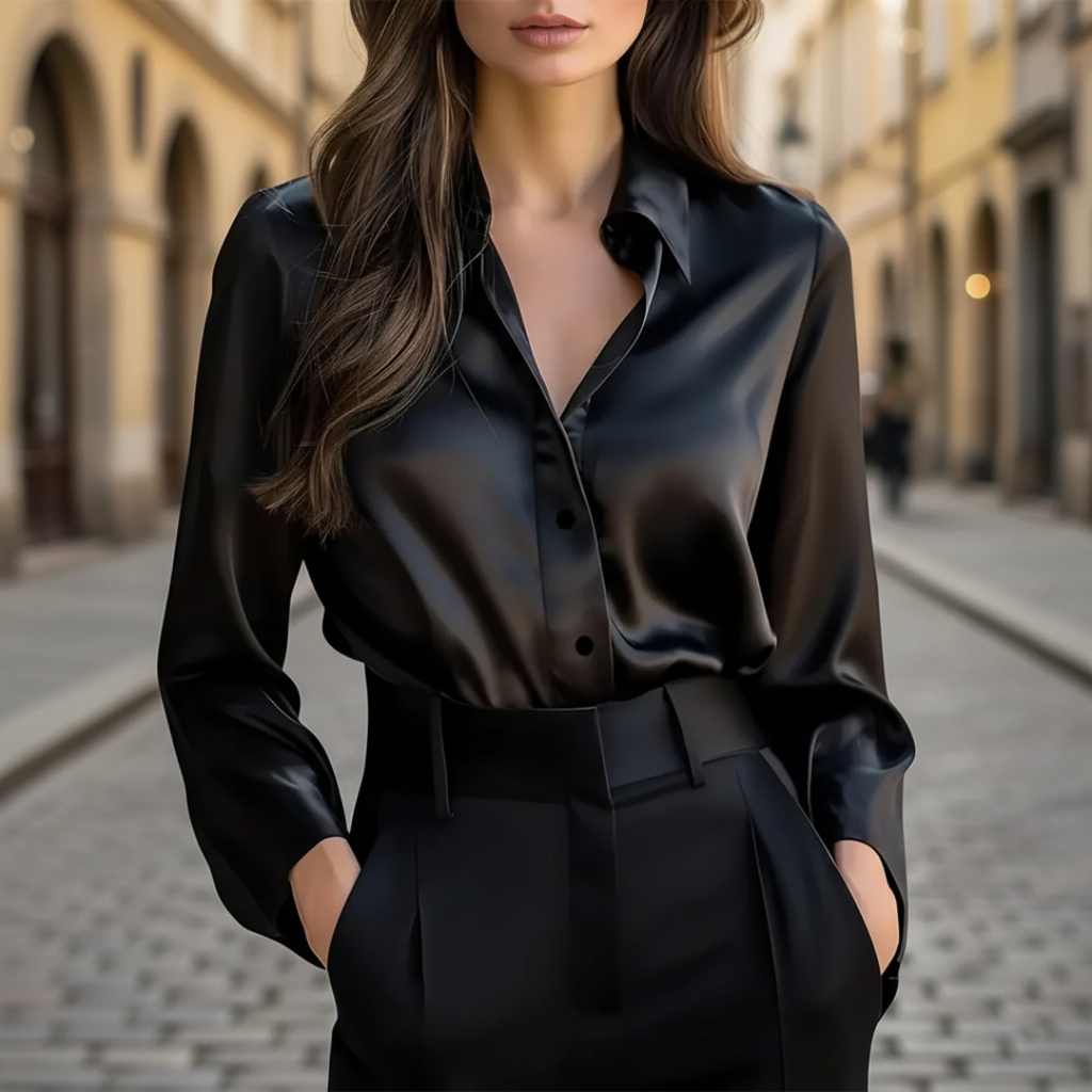 Chemisier Satiné Femme à Manches Longues Boutonné Col Classique Bureau Travail - Hiverline