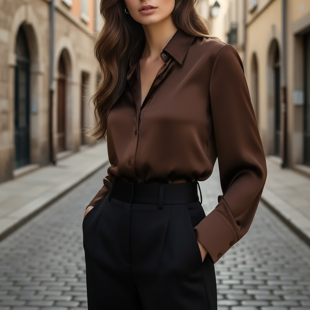 Chemisier Satiné Femme à Manches Longues Boutonné Col Classique Bureau Travail - Hiverline