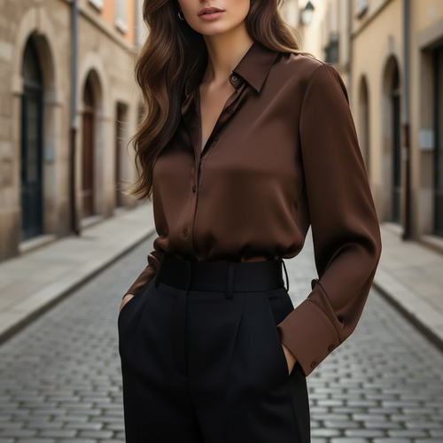 Chemisier Satiné Femme à Manches Longues Boutonné Col Classique Bureau Travail - Hiverline