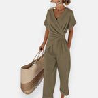 Combinaison Femme Col V Drapé Manches Courtes Taille Élastique – Tenue Casual Chic - Hiverline