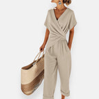 Combinaison Femme Col V Drapé Manches Courtes Taille Élastique – Tenue Casual Chic - Hiverline