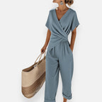 Combinaison Femme Col V Drapé Manches Courtes Taille Élastique – Tenue Casual Chic - Hiverline