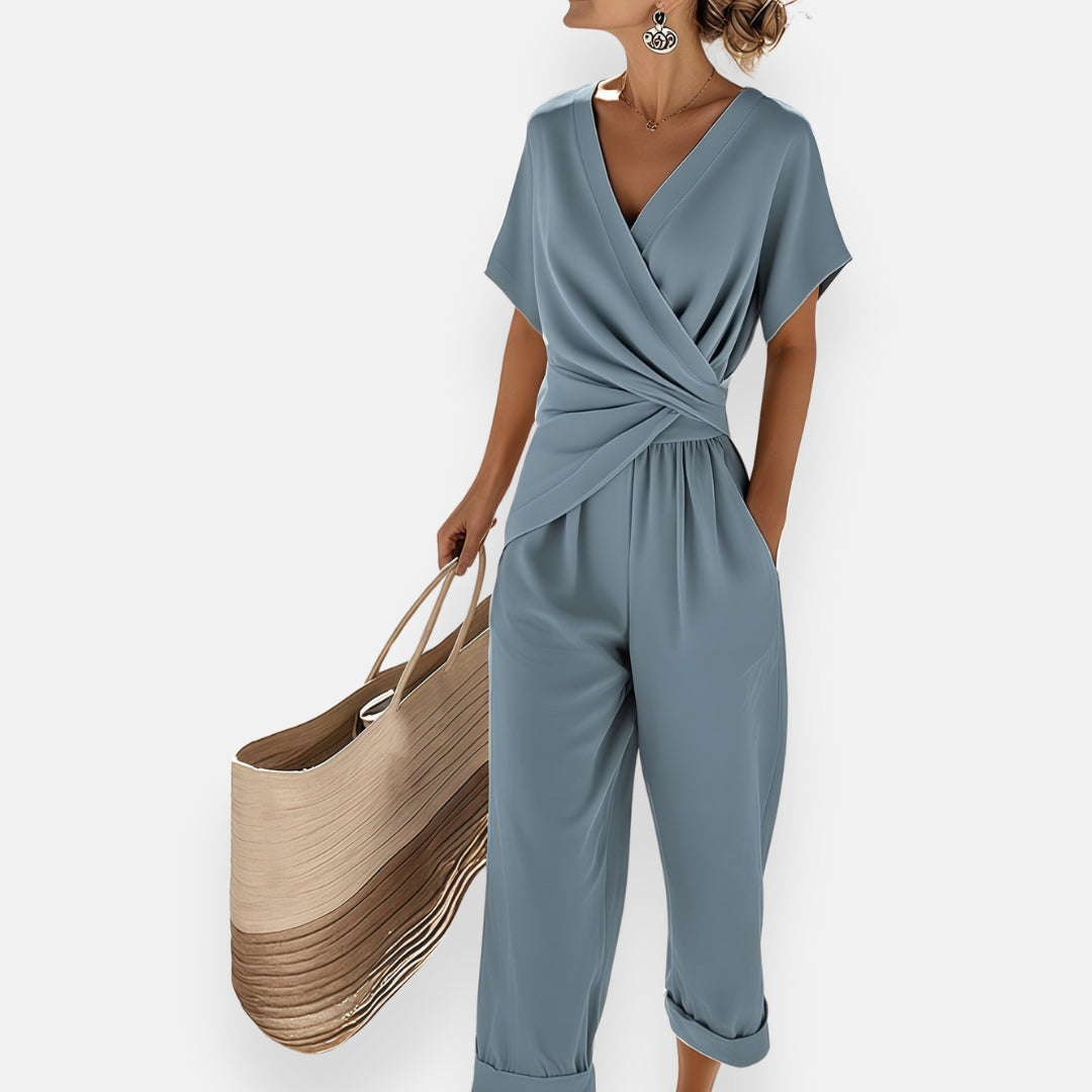 Combinaison Femme Col V Drapé Manches Courtes Taille Élastique – Tenue Casual Chic - Hiverline