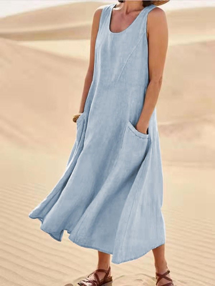 Robe Midi Décontractée Sans Manches pour Femmes avec Poches – Zoe
