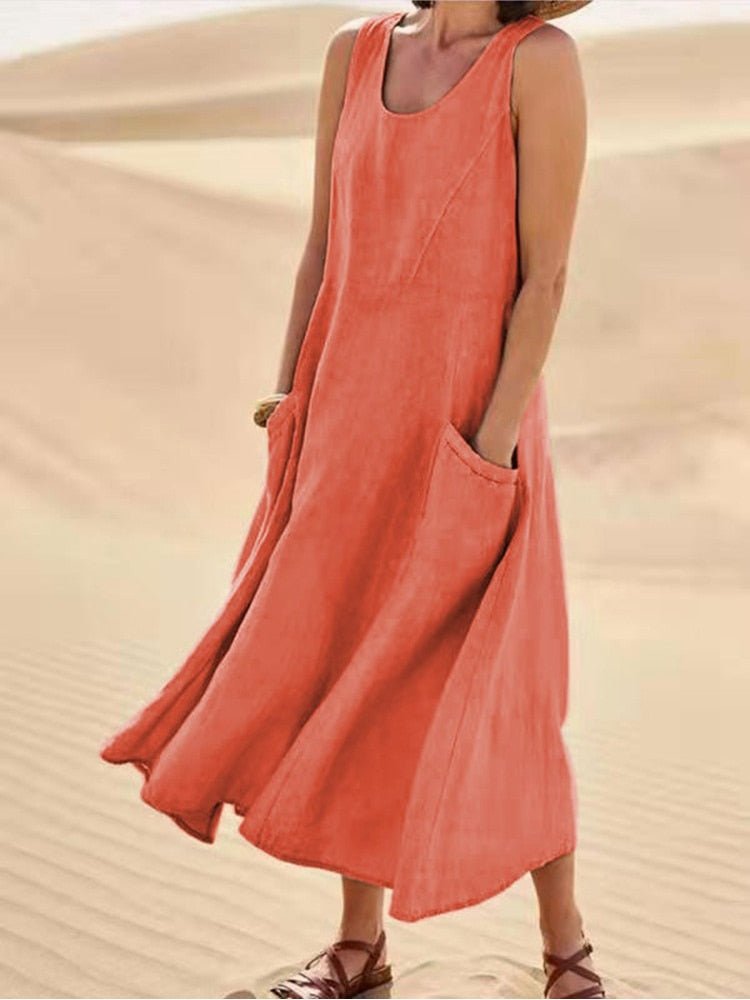 Robe Midi Décontractée Sans Manches pour Femmes avec Poches – Zoe