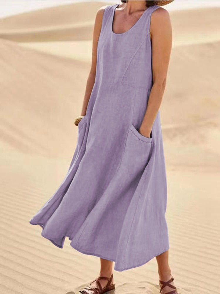 Robe Midi Décontractée Sans Manches pour Femmes avec Poches – Zoe