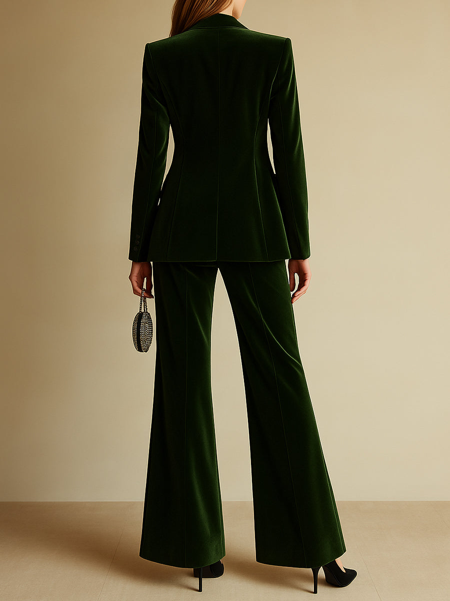 Costume Deux-Pièces Femme en Velours Blazer à Revers Cranté et Pantalon Évasé Rétro Soirée - Hiverline