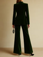 Costume Deux-Pièces Femme en Velours Blazer à Revers Cranté et Pantalon Évasé Rétro Soirée - Hiverline