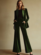 Costume Deux-Pièces Femme en Velours Blazer à Revers Cranté et Pantalon Évasé Rétro Soirée - Hiverline