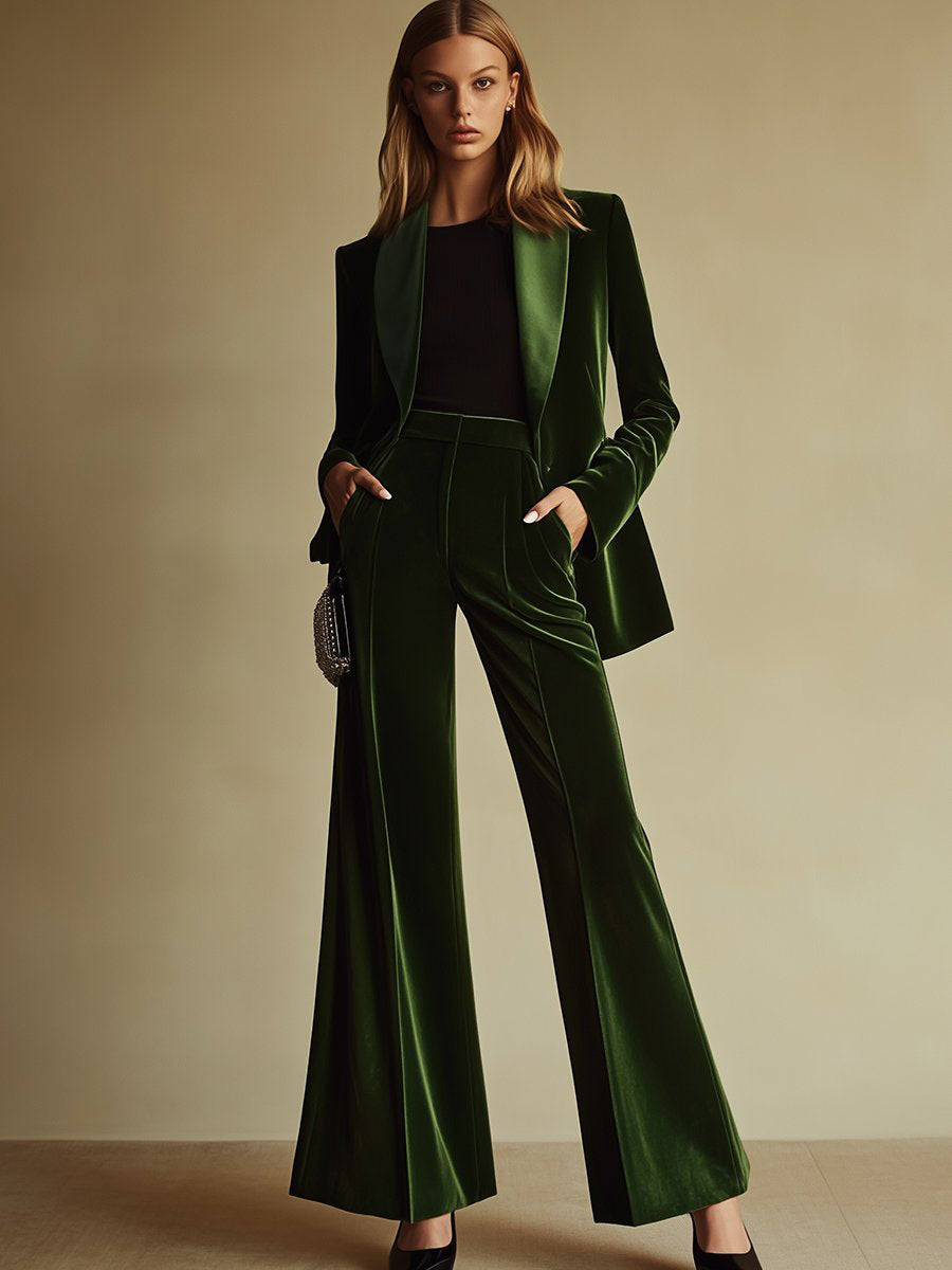 Costume Deux-Pièces Femme en Velours Blazer à Revers Cranté et Pantalon Évasé Rétro Soirée - Hiverline