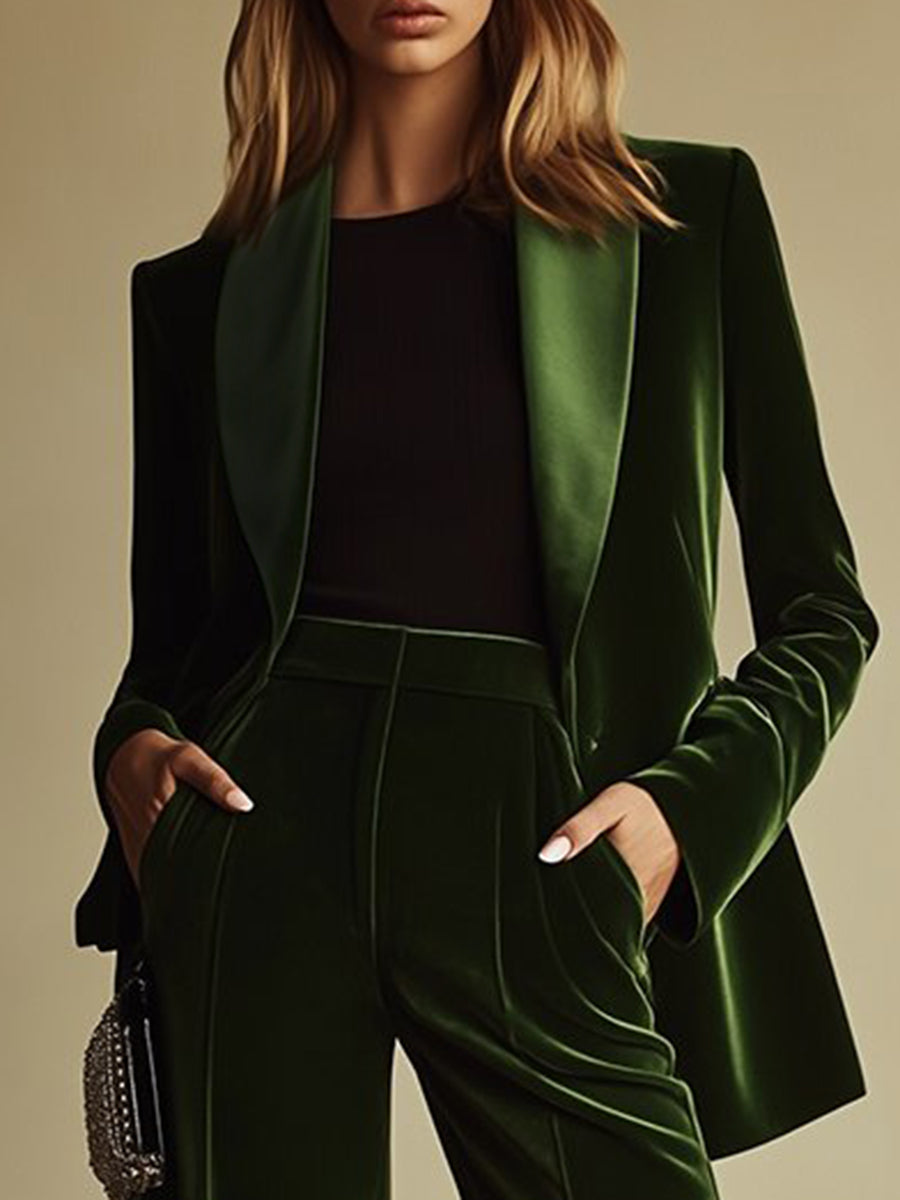 Costume Deux-Pièces Femme en Velours Blazer à Revers Cranté et Pantalon Évasé Rétro Soirée - Hiverline