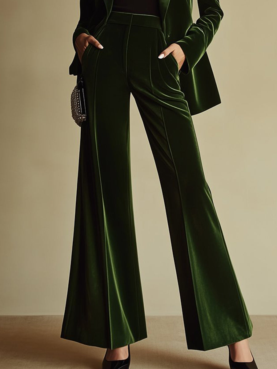 Costume Deux-Pièces Femme en Velours Blazer à Revers Cranté et Pantalon Évasé Rétro Soirée - Hiverline