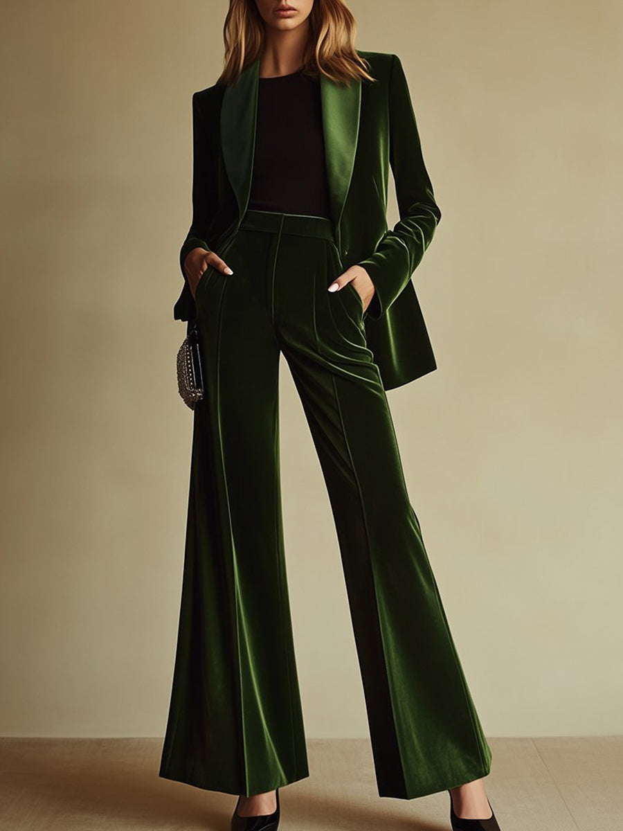 Costume Deux-Pièces Femme en Velours Blazer à Revers Cranté et Pantalon Évasé Rétro Soirée - Hiverline