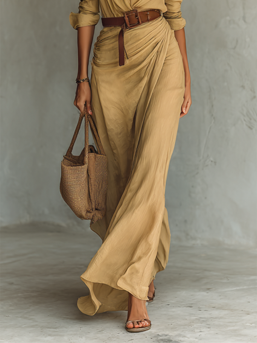 Robe Longue Élégante de Cowgirl pour Femme avec Col à Revers, Boutonnage Simple, Ceinture à la Taille, Manches Longues, Décontractée – Camel