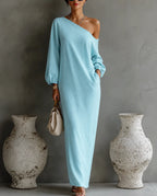 Vestido Longo Linho Algodão Mangas Balão Silhueta Descontraída Mulher Formal Casamento Chic Praia Resort Diário Verão – Solène
