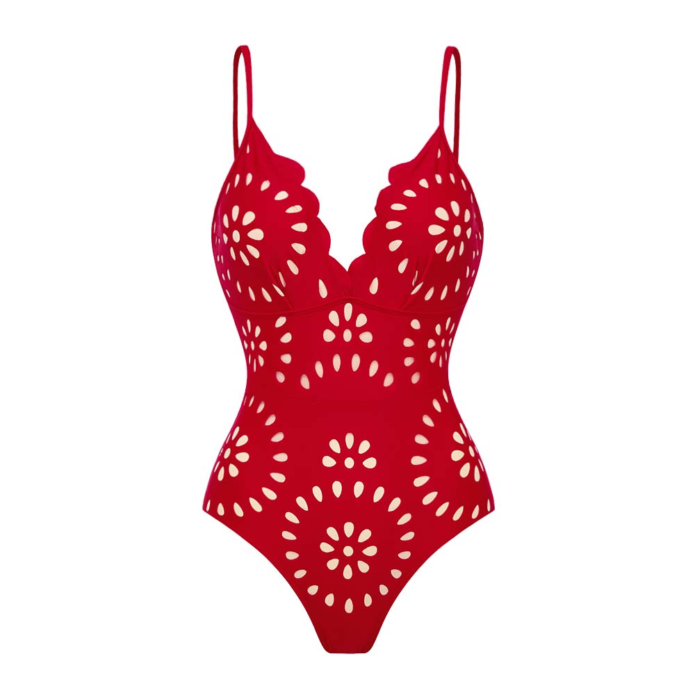 Maillot de Bain Une Pièce Floral Avec Découpes Et Ensemble Jupe Longue V-cou Pour Vacances à La Plage, Fête Au Bord De la Piscine, Été – Rouge