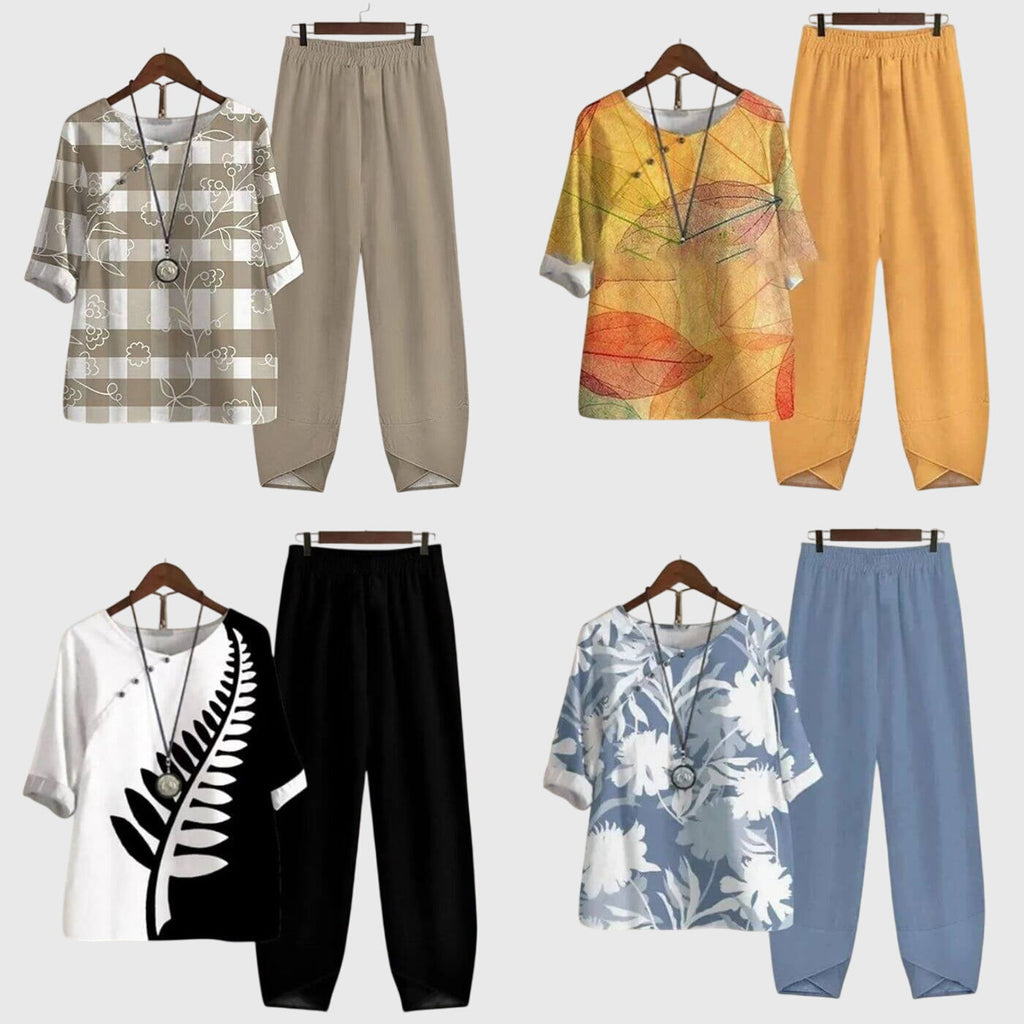 Lässiges Damen-Set aus zwei Teilen mit Print, kurzärmeligem Oberteil und weiten, bequemen Hosen für den Alltag – Alessia