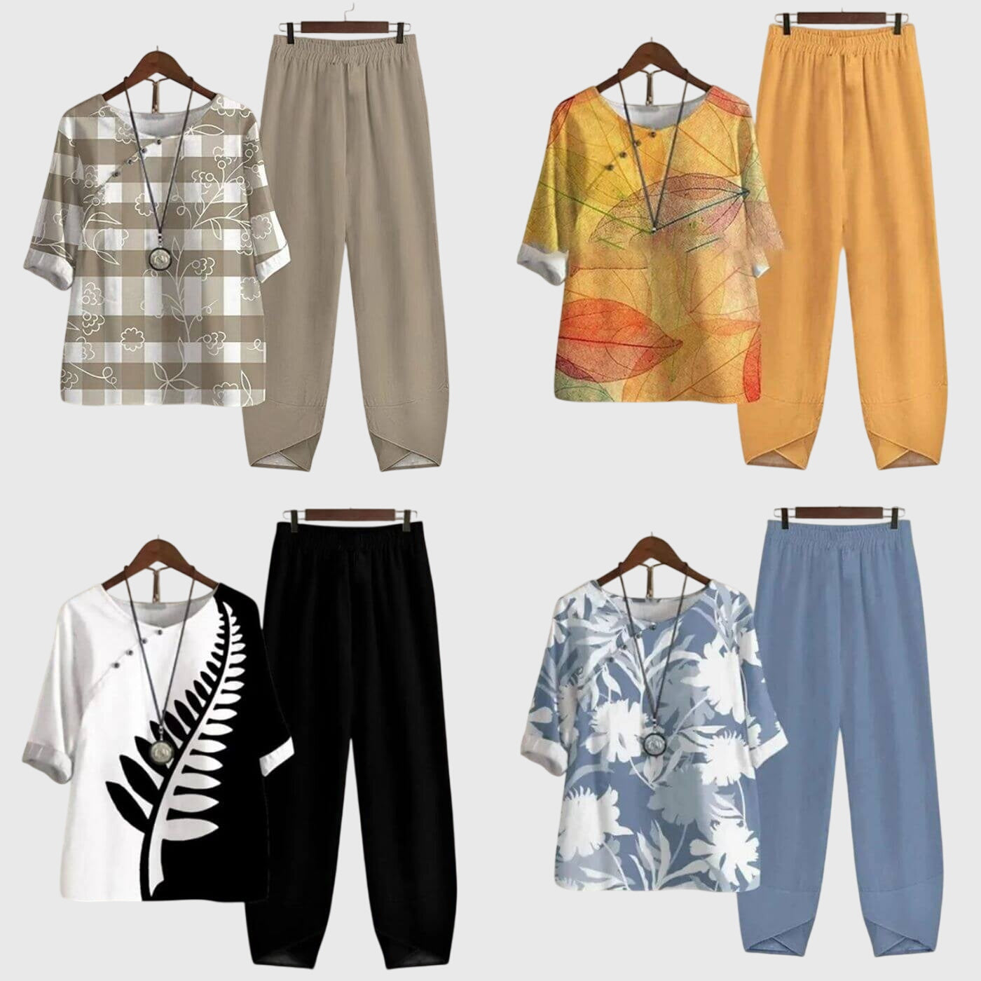 Conjunto casual de mujer de dos piezas con estampado, blusa de manga corta y pantalones anchos cómodos para uso diario – Alessia