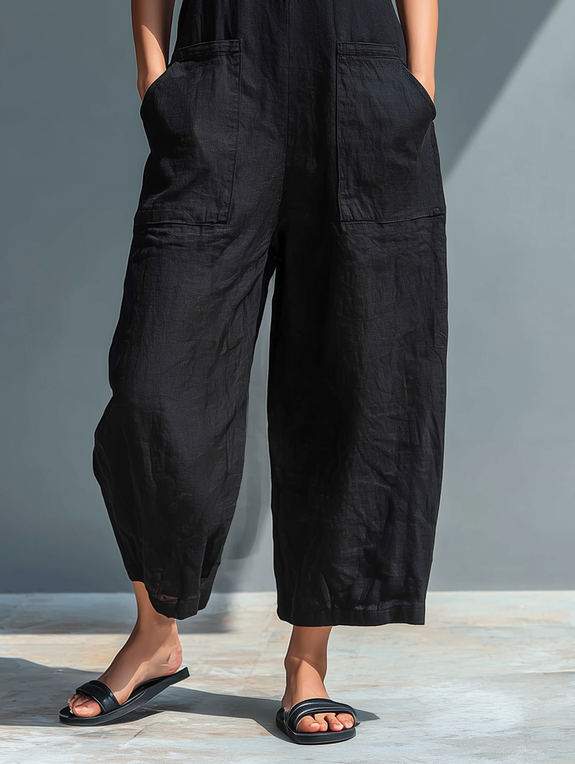 Combinaison sans manches en mélange de lin minimaliste pour femmes avec col montant et boutons