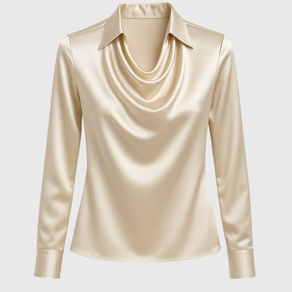 Blouse Élégante en Satin pour Femme Col Drapé à Manches Longues Brillance Luxe Coupe Fluide Chic Décontracté – Brooklyn