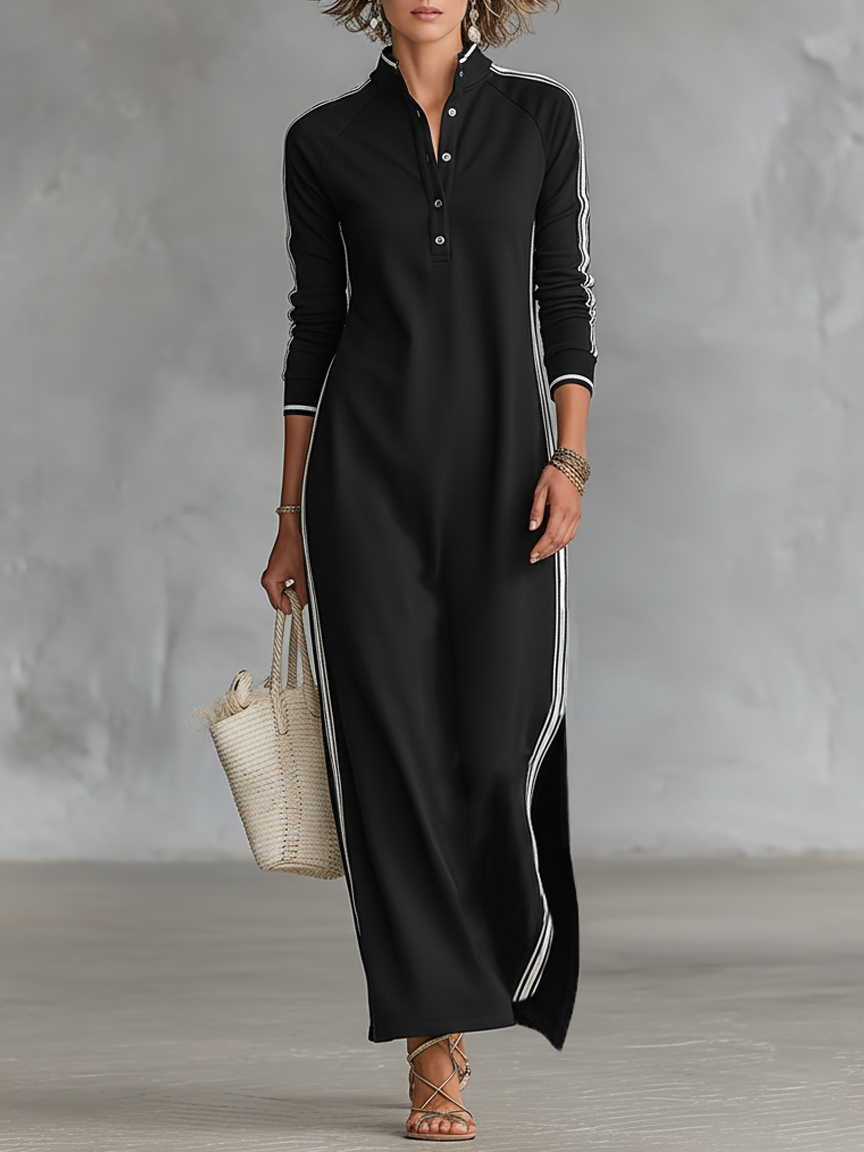 Robe longue décontractée minimaliste d'été pour femmes avec col boutonné et bord blanc chic – Noir