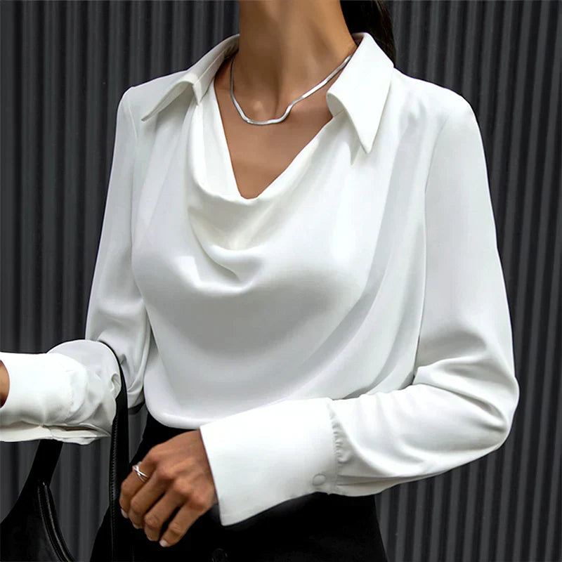 Blouse Satin à Col Drape Longue Manche pour Femme Élégante Chic Bureau Soirée Polyvalente – Samantha
