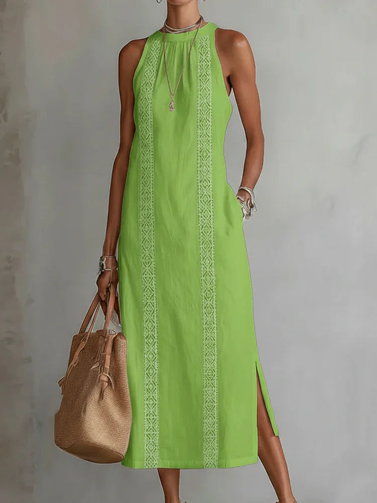 Robe Midi en Lin Minimaliste Rétro Femme Sans Manches Col Haut Détail en Dentelle Décontractée Été Plage Vacances Quotidien – Céleste