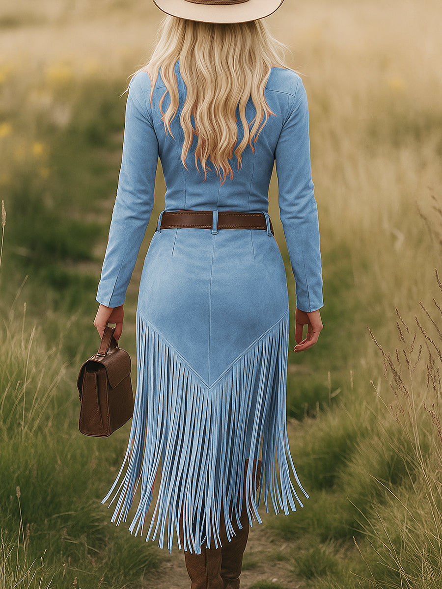 Robe Midi à Franges en Suède Rétro Western pour Femmes, Manches Longues, Col à Revers, Fermeture Éclair, Ceinturée, Silhouette Élancée, Fête Cowgirl, Festival – Tan