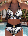 Retro bedrucktes Triangel-Bikini-Set für Damen mit Spaghettiträgern aus Baumwollmischung – Mehrfarbig