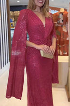 Robe Longue à Manches Longues en Sequins pour Femmes, Décolleté en V, A-Line, Formelle, Prom, Gala, Invité de Mariage, Soirée, Tapis Rouge – Seraphina