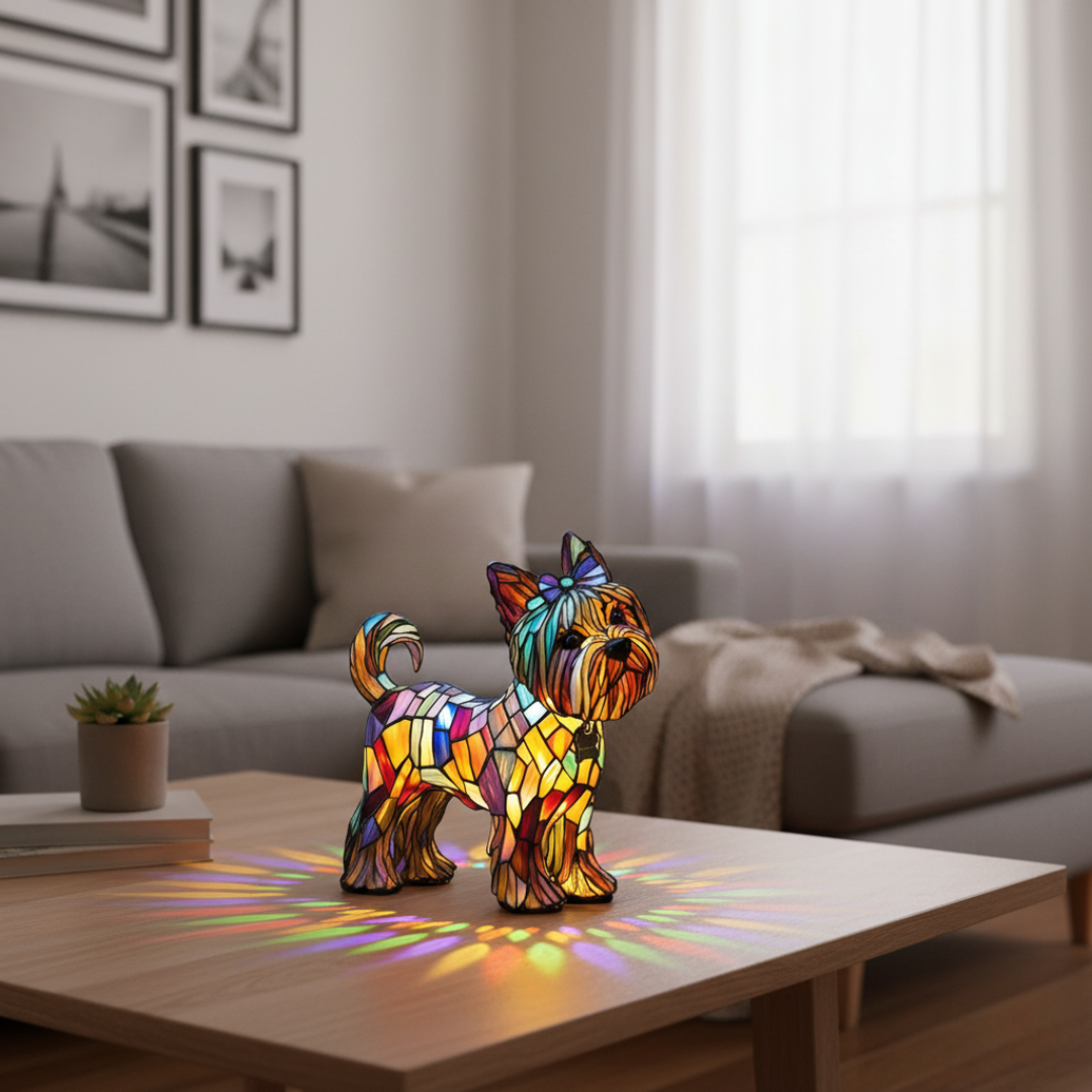 Lampe Décorative Yorkshire Terrier Vitrail Multicolore Géométrique Fait Main Lumière Chaude USB – Radiant Yorkie
