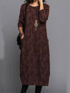 Robe Midi à Manches Longues pour Femmes avec Poches Imprimé d'Été Décontracté Confortable Ajustement Relaxé
